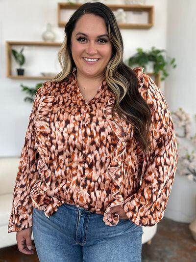 Double Take Full Size Printed Ruffle Trim Balloon Sleeve Shirt - Selvanelle