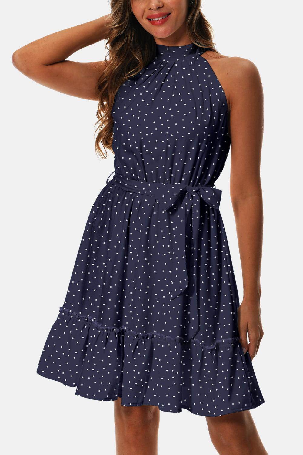Printed Tie Waist Frill Trim Dress for Chic Summer Style - Selvanelle