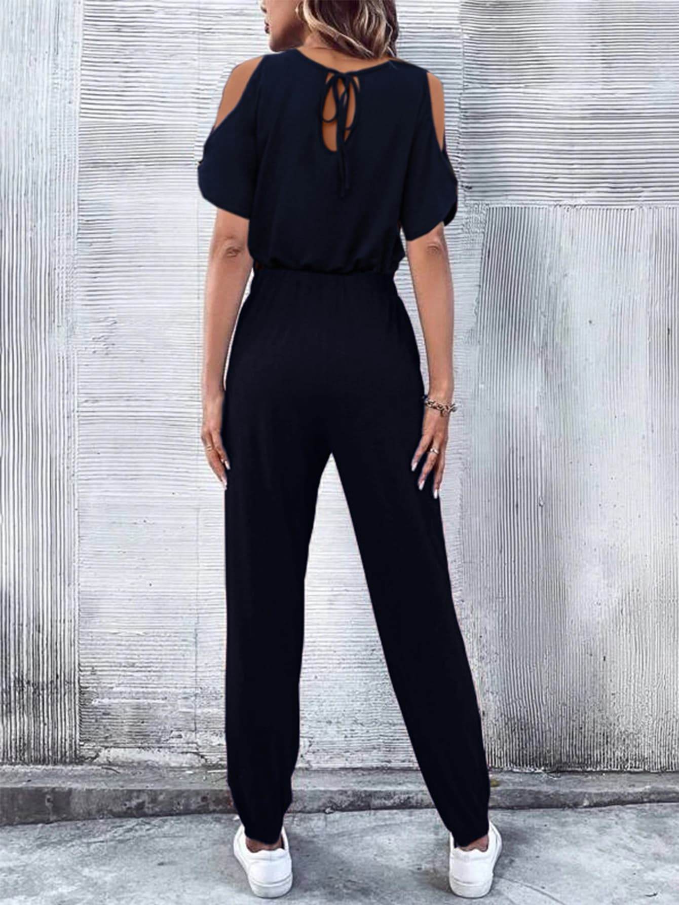 V-Neck Cold-Shoulder Jumpsuit with Pockets - Selvanelle