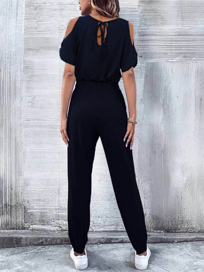 V-Neck Cold-Shoulder Jumpsuit with Pockets - Selvanelle