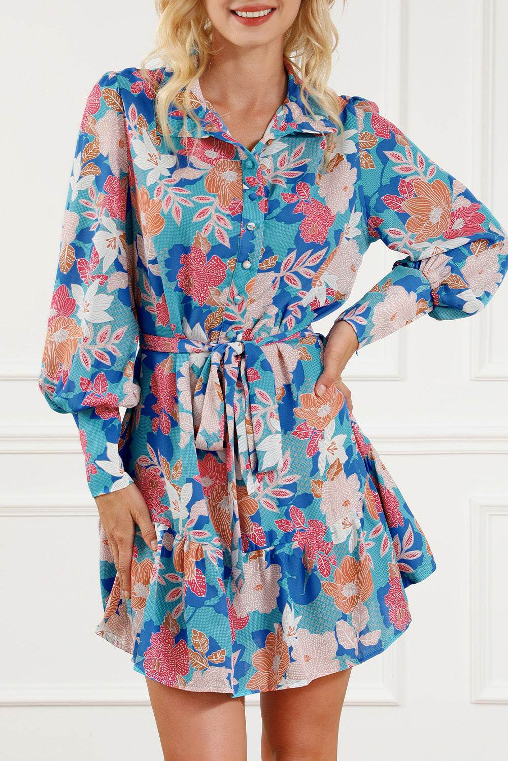 Floral Tie Waist Lantern Sleeve Ruffled Hem Mini Dress - Selvanelle