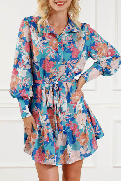 Floral Tie Waist Lantern Sleeve Ruffled Hem Mini Dress - Selvanelle