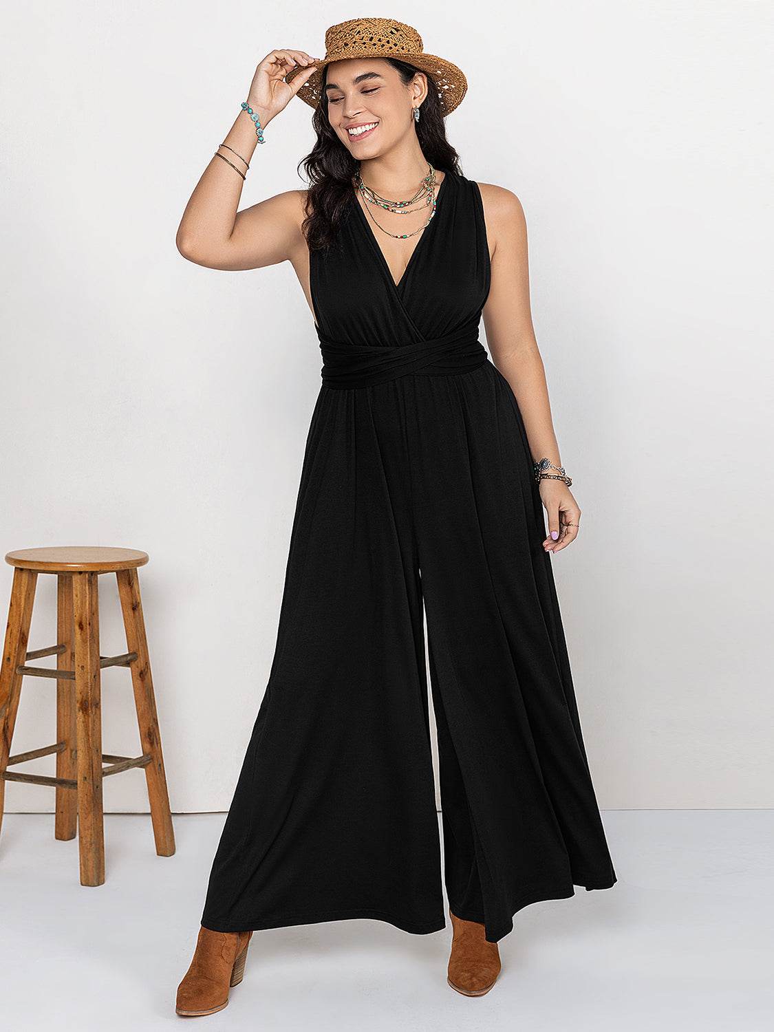 Plus Size V-Neck Wide Leg Jumpsuit - Selvanelle