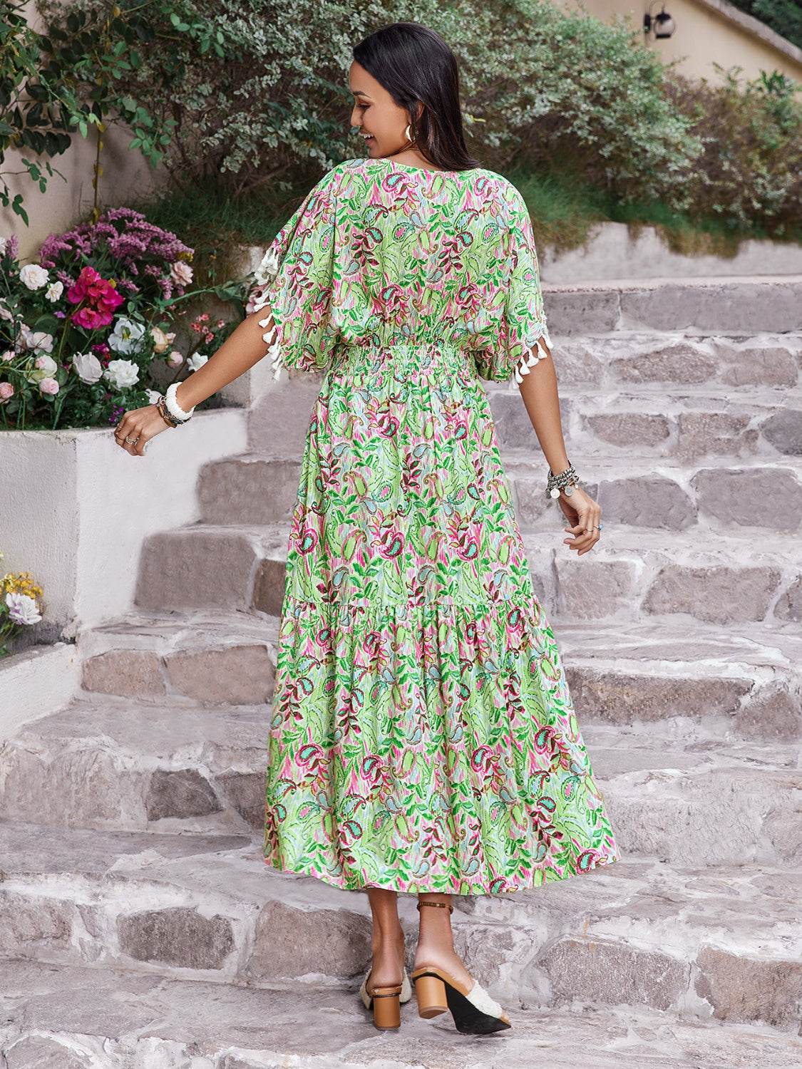 Smocked Floral V-Neck Short Sleeve Dress - Selvanelle
