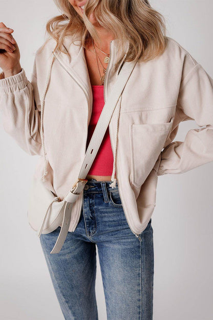 Corduroy Zip Up Long Sleeve Hooded Jacket for Women - Selvanelle