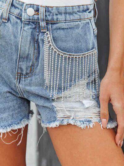 Distressed Fringe Denim Shorts with Pockets for Women - Selvanelle