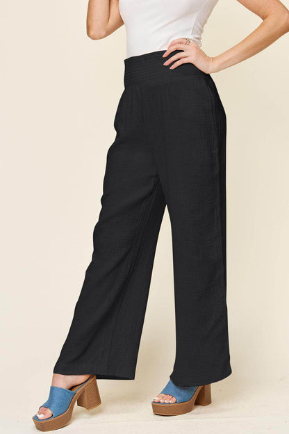 Double Take Full Size Texture Smocked Waist Wide Leg Pants For Women - Selvanelle