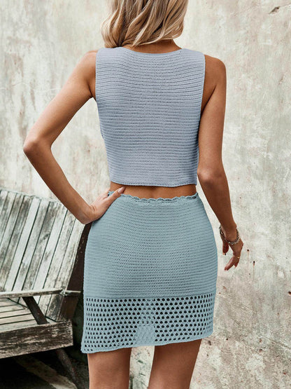 Button Up Sleeveless Top and Drawstring Skirt Set for Women - Selvanelle