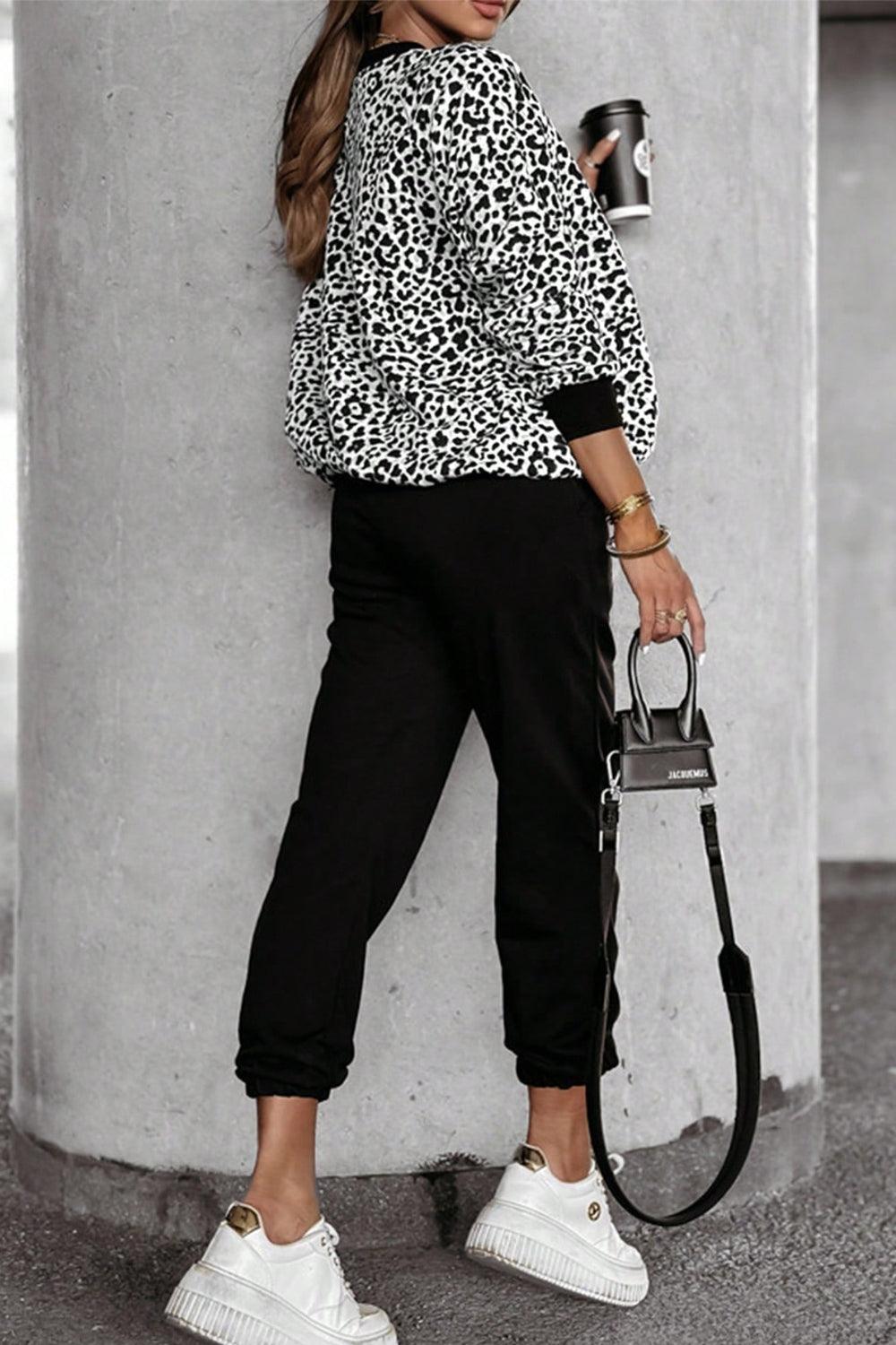 Letter M Leopard Round Neck Top and Pants Set for Women