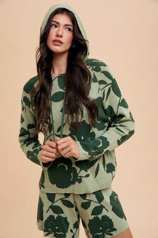 Annie Wear Flower Pattern Drawstring Hooded Top and Shorts Set - Selvanelle