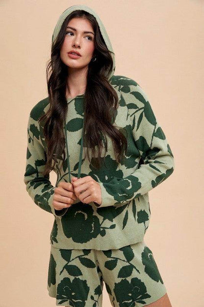 Annie Wear Flower Pattern Drawstring Hooded Top and Shorts Set - Selvanelle