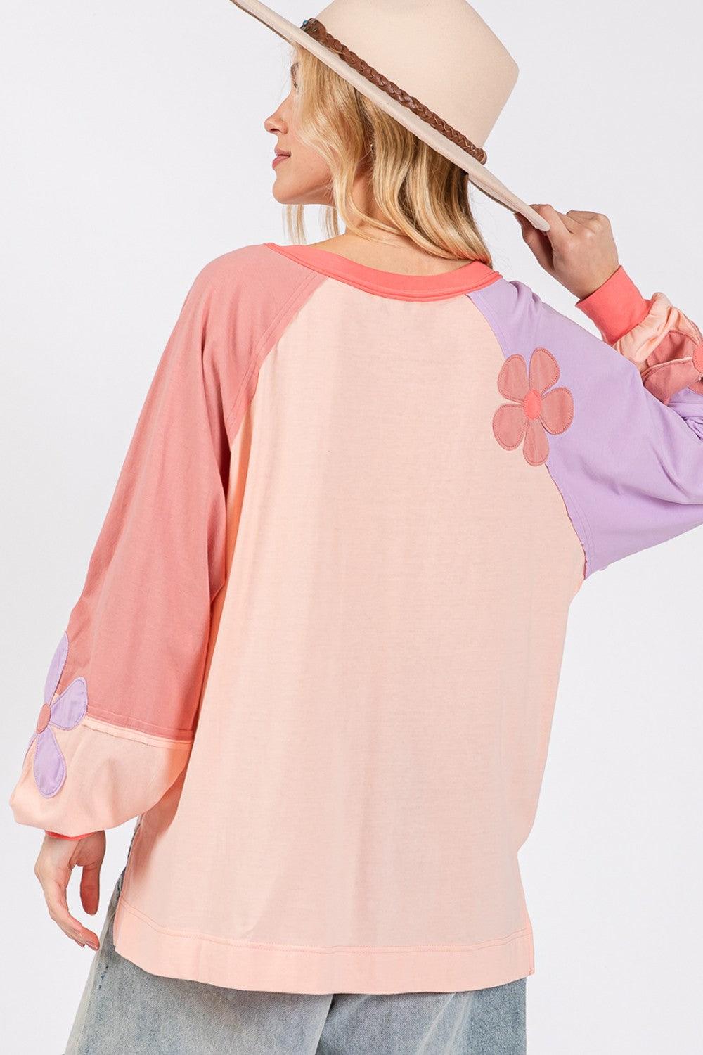 SAGE + FIG Full Size Daisy Applique Patch Long Sleeve Top