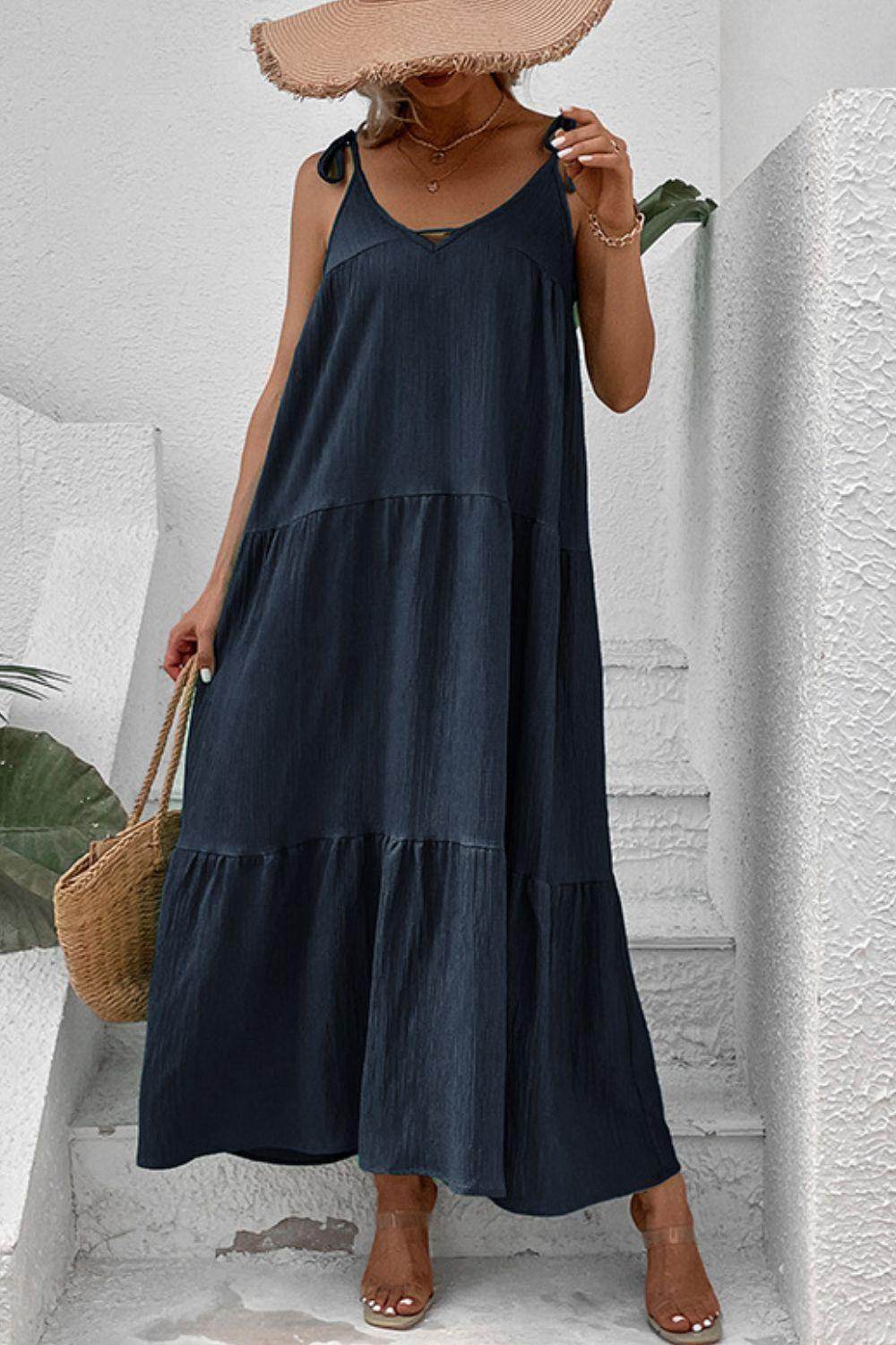 Perfee Tie-Shoulder Tiered Maxi Dress for Vacation Wear - Selvanelle