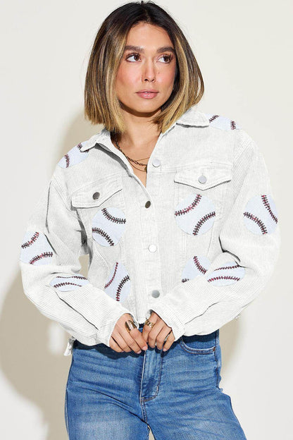 Baseball Sequin Dropped Shoulder Raw Hem Jacket for Women - Selvanelle