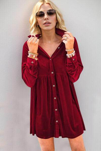 Oh Full Size Collared Neck Long Sleeve Mini Dress for Women - Selvanelle