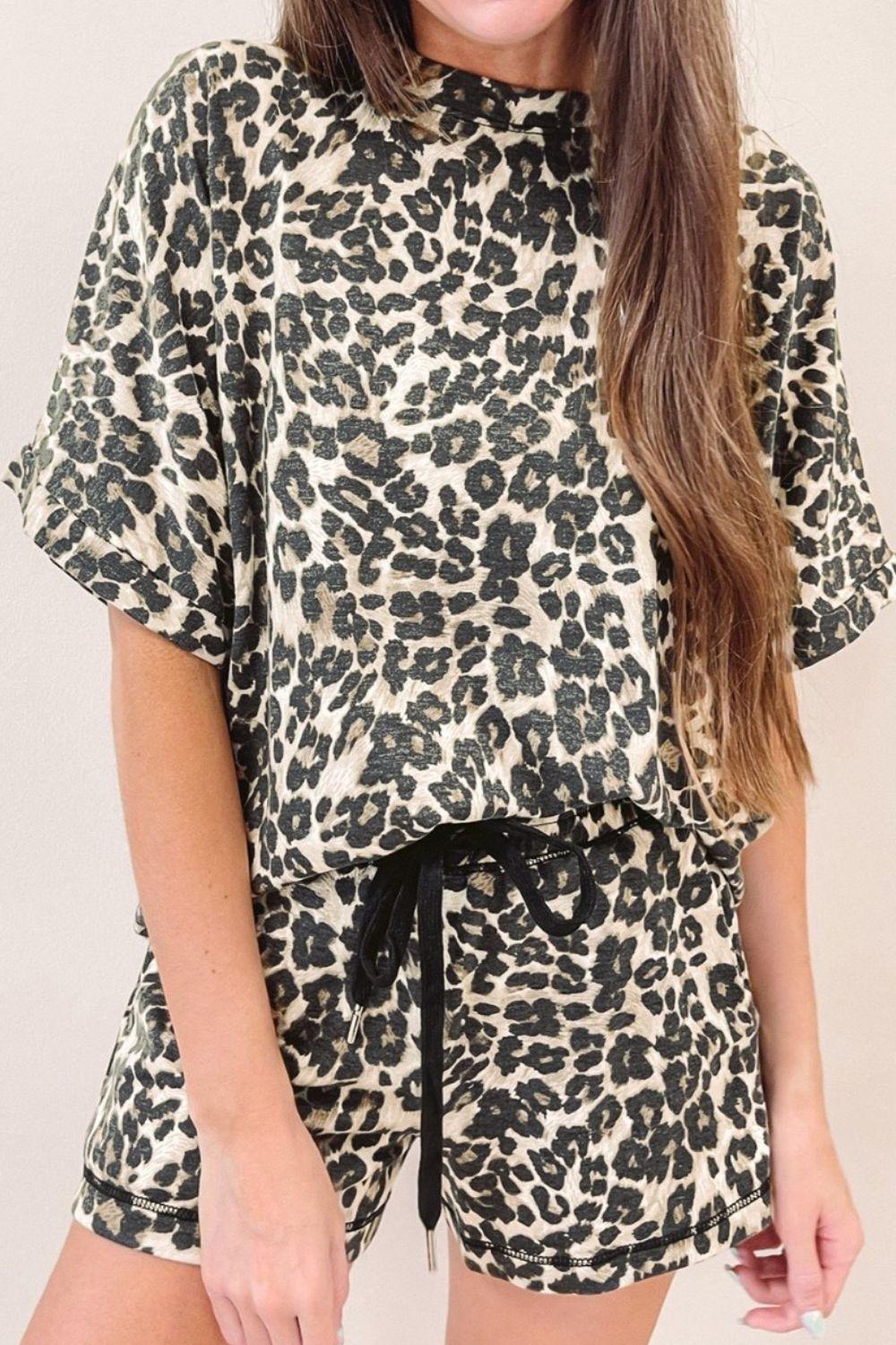 Leopard Round Neck Top and Shorts Set for Women Fashion