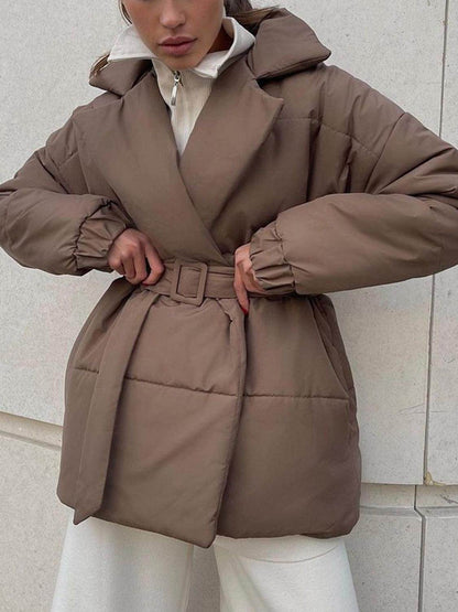 Puffer Long Sleeve Winter Coat with Belt for Women - Selvanelle