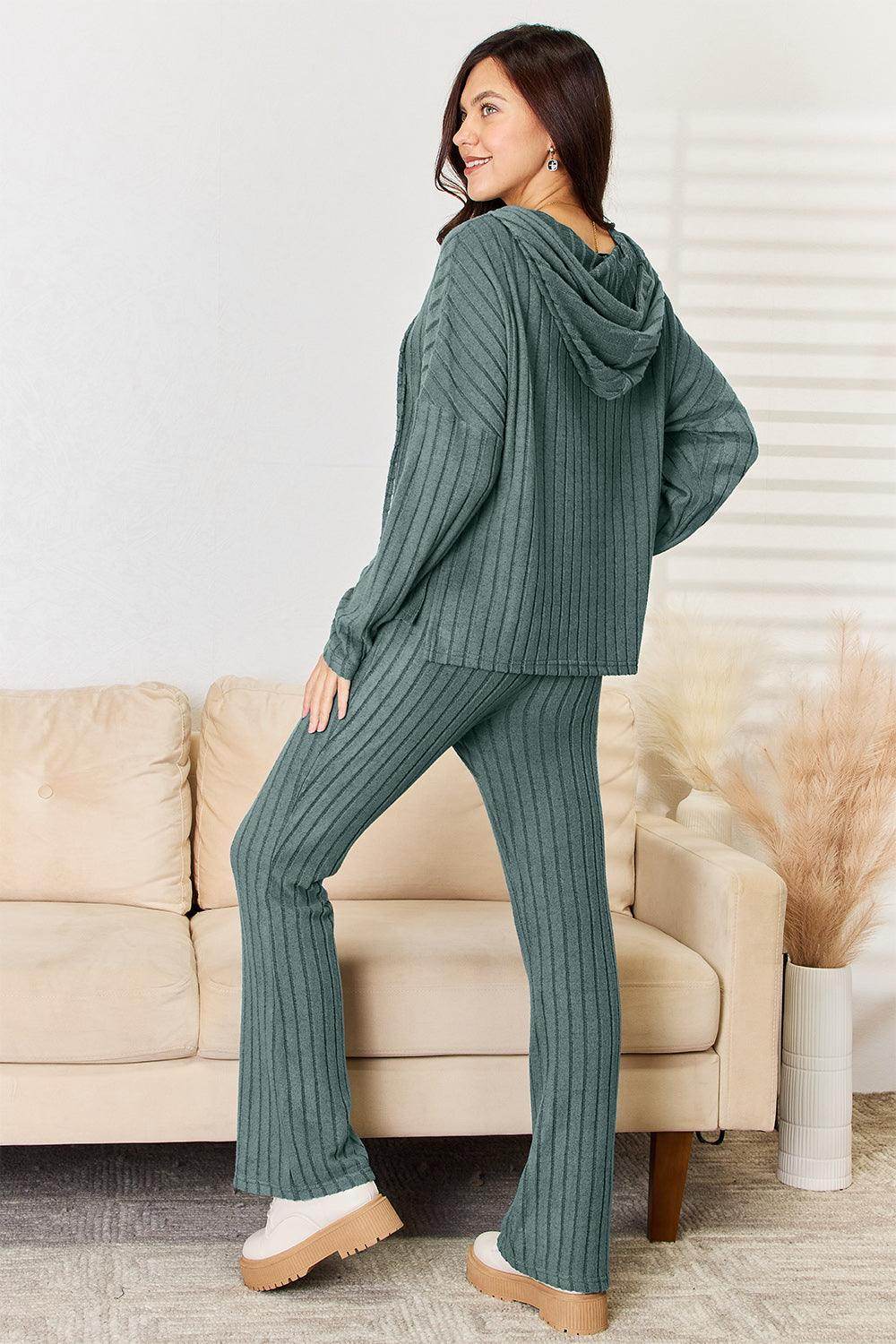 Basic Bae Full Size Ribbed Drawstring Hooded Top Set - Selvanelle