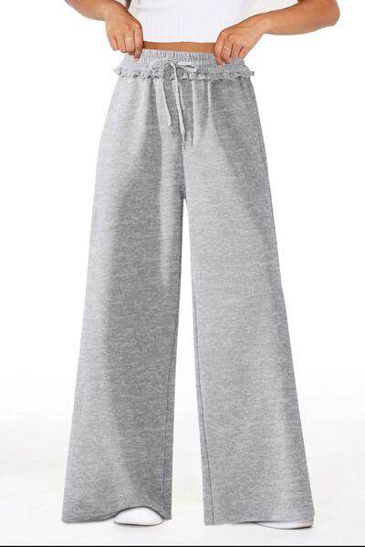 High Waist Wide Leg Pants with Pockets and Frill Detail - Selvanelle