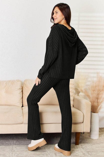Basic Bae Full Size Ribbed Drawstring Hooded Top Set - Selvanelle