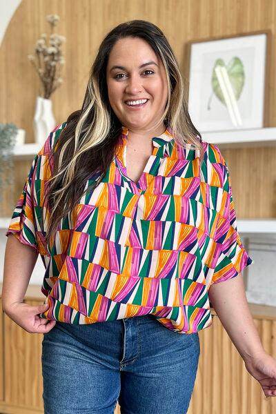 Double Take Full Size Geometric Notched Dolman Sleeve Top - Selvanelle