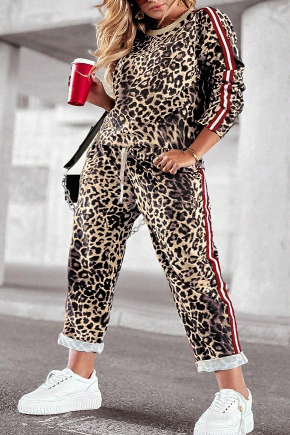 Plus Size Leopard Round Neck Top and Pants Set for Women