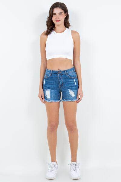 American Bazi High Waist Distressed Frayed Denim Shorts - Selvanelle