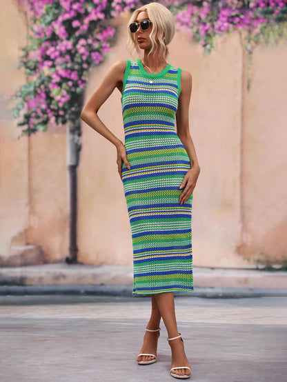 Striped Round Neck Sleeveless Midi Cover Up Dress - Selvanelle