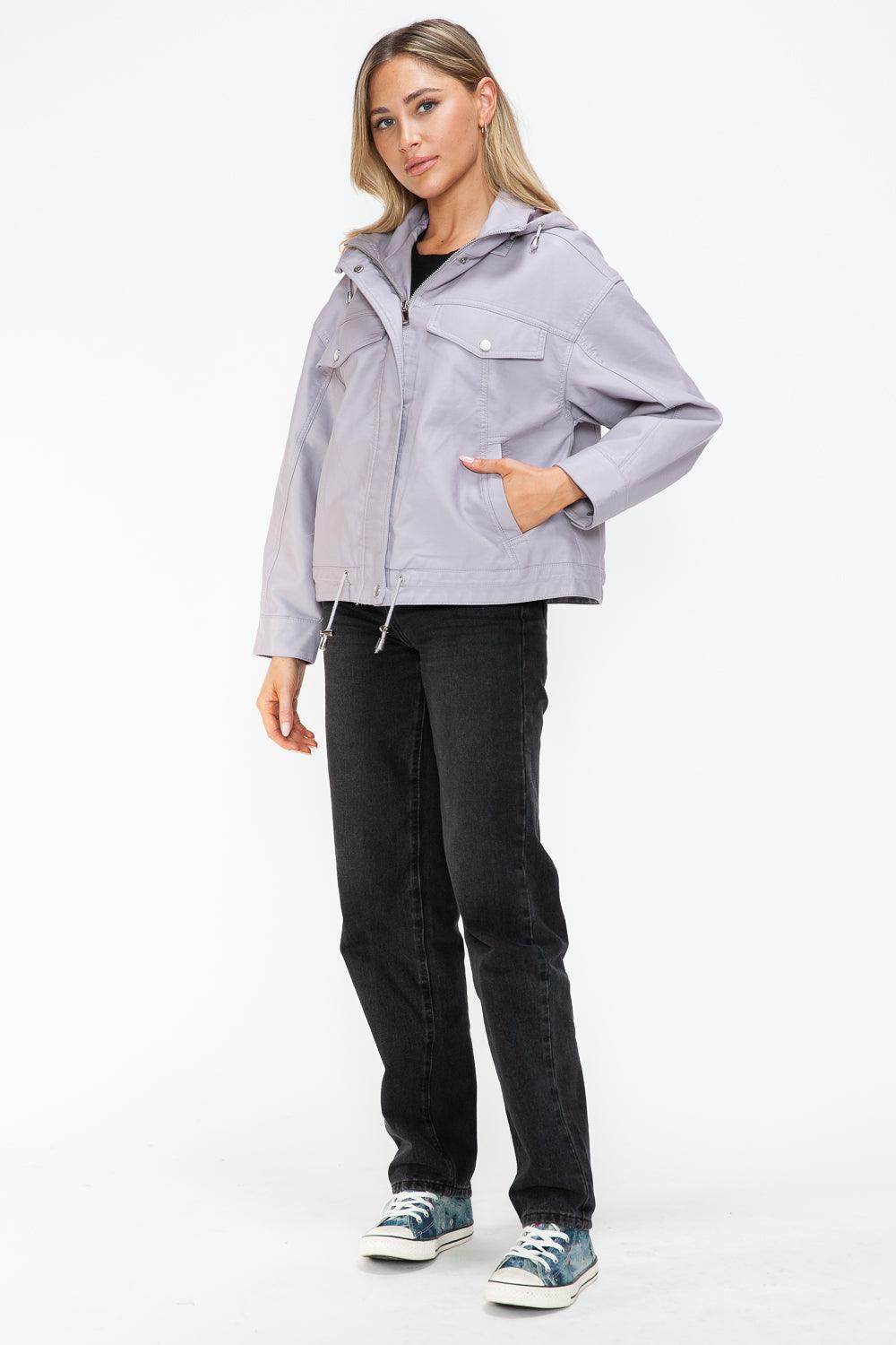 How Dare U Drawstring Hem PU Leather Zip Up Jacket Women - Selvanelle