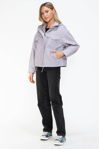 How Dare U Drawstring Hem PU Leather Zip Up Jacket Women - Selvanelle