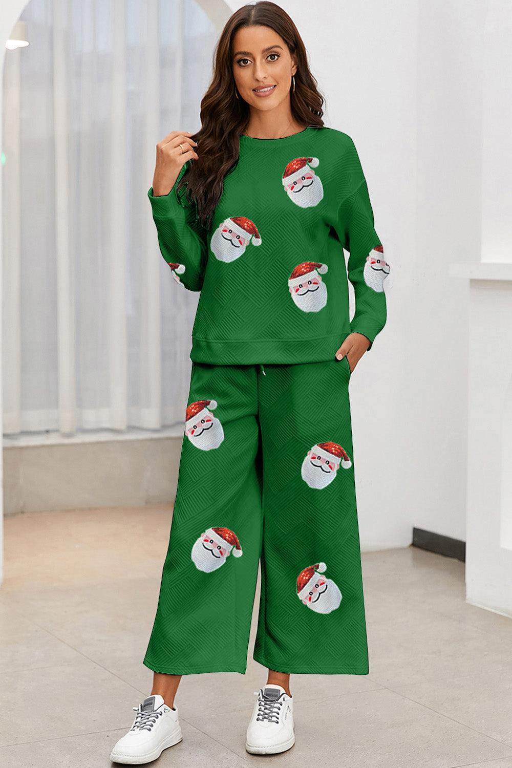Santa Sequin Round Neck Top and Pants Set for Women - Selvanelle