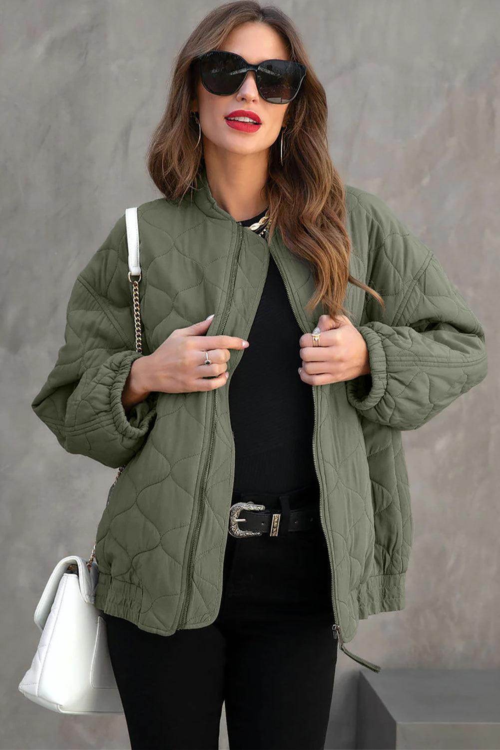 Zip Up Drop Shoulder Long Sleeve Puffer Jacket for Women - Selvanelle