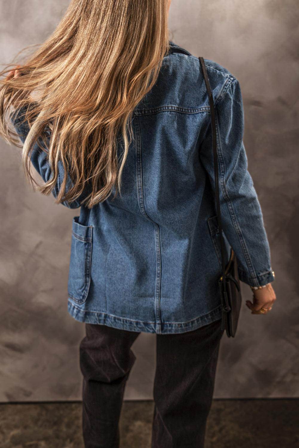 Pocketed Long Sleeve Denim Jacket for Women Stylish Fit - Selvanelle