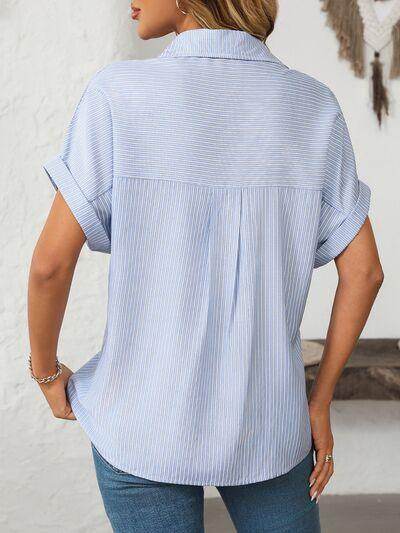 Mandy Pocketed Striped Collared Neck Short Sleeve Shirt - Selvanelle