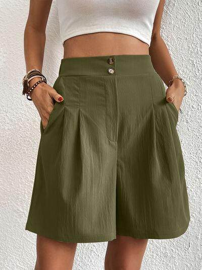 Pocketed Half Elastic Waist Shorts with Side Pockets - Selvanelle