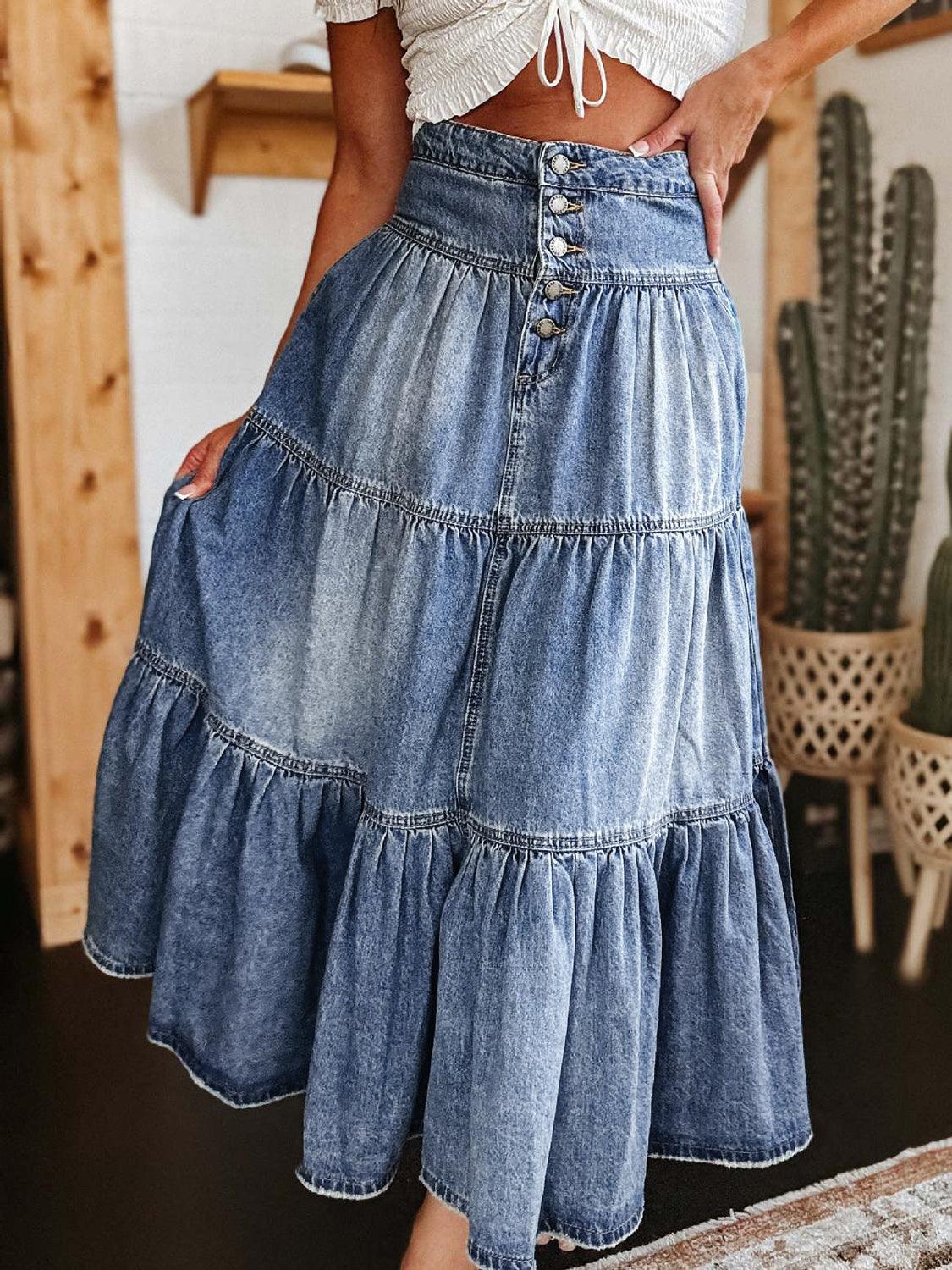 Tiered Button-Fly Denim Skirt for Effortless Style