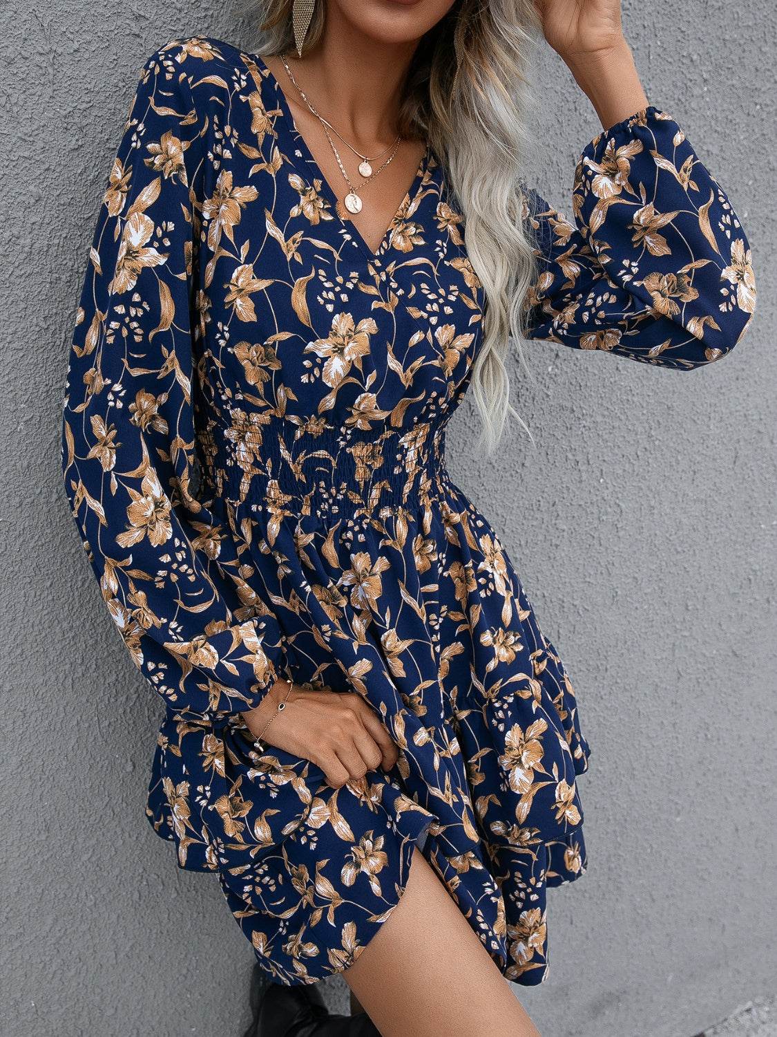 Ivy Lane Floral Layered Surplice Balloon Sleeve Dress - Selvanelle