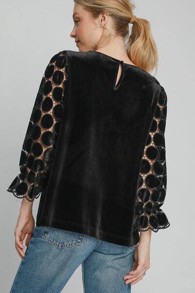 Umgee Polka Dot Lace Long Sleeve Round Neck Blouse Women - Selvanelle
