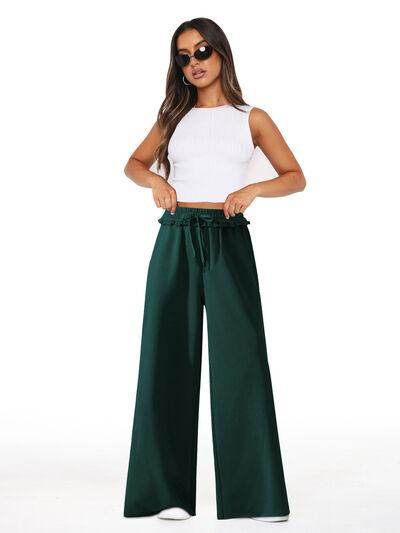 High Waist Wide Leg Pants with Pockets and Frill Detail - Selvanelle
