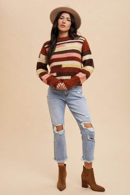 Annie Wear Color Block Round Neck Long Sleeve Sweater - Selvanelle