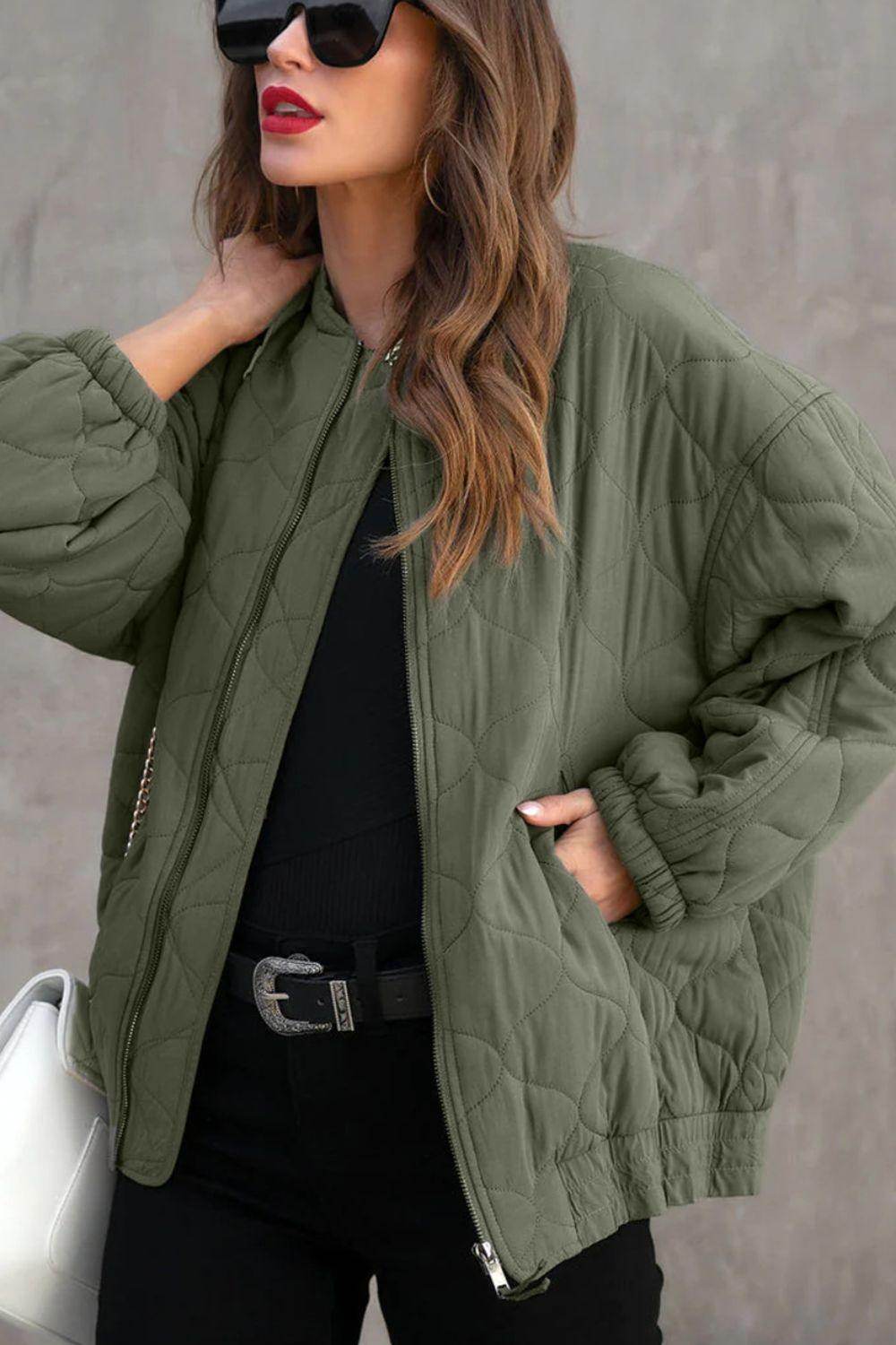 Zip Up Drop Shoulder Long Sleeve Puffer Jacket for Women - Selvanelle