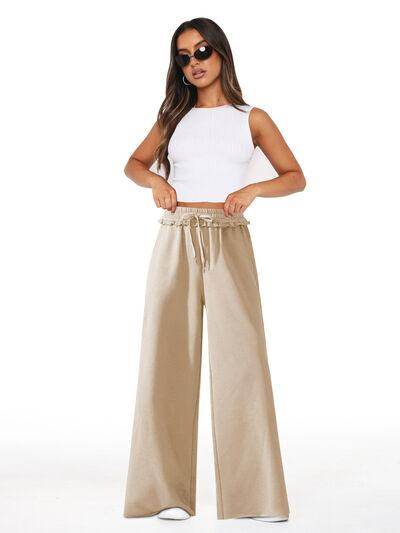 High Waist Wide Leg Pants with Pockets and Frill Detail - Selvanelle