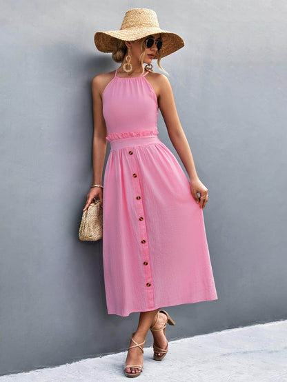 Buttoned Halter Neck Frill Trim Midi Dress for Chic Style - Selvanelle
