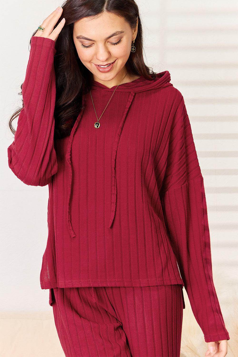Basic Bae Full Size Ribbed Drawstring Hooded Top Set - Selvanelle