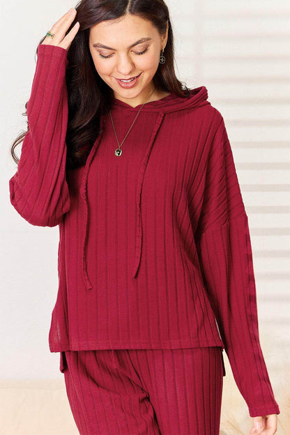 Basic Bae Full Size Ribbed Drawstring Hooded Top Set - Selvanelle
