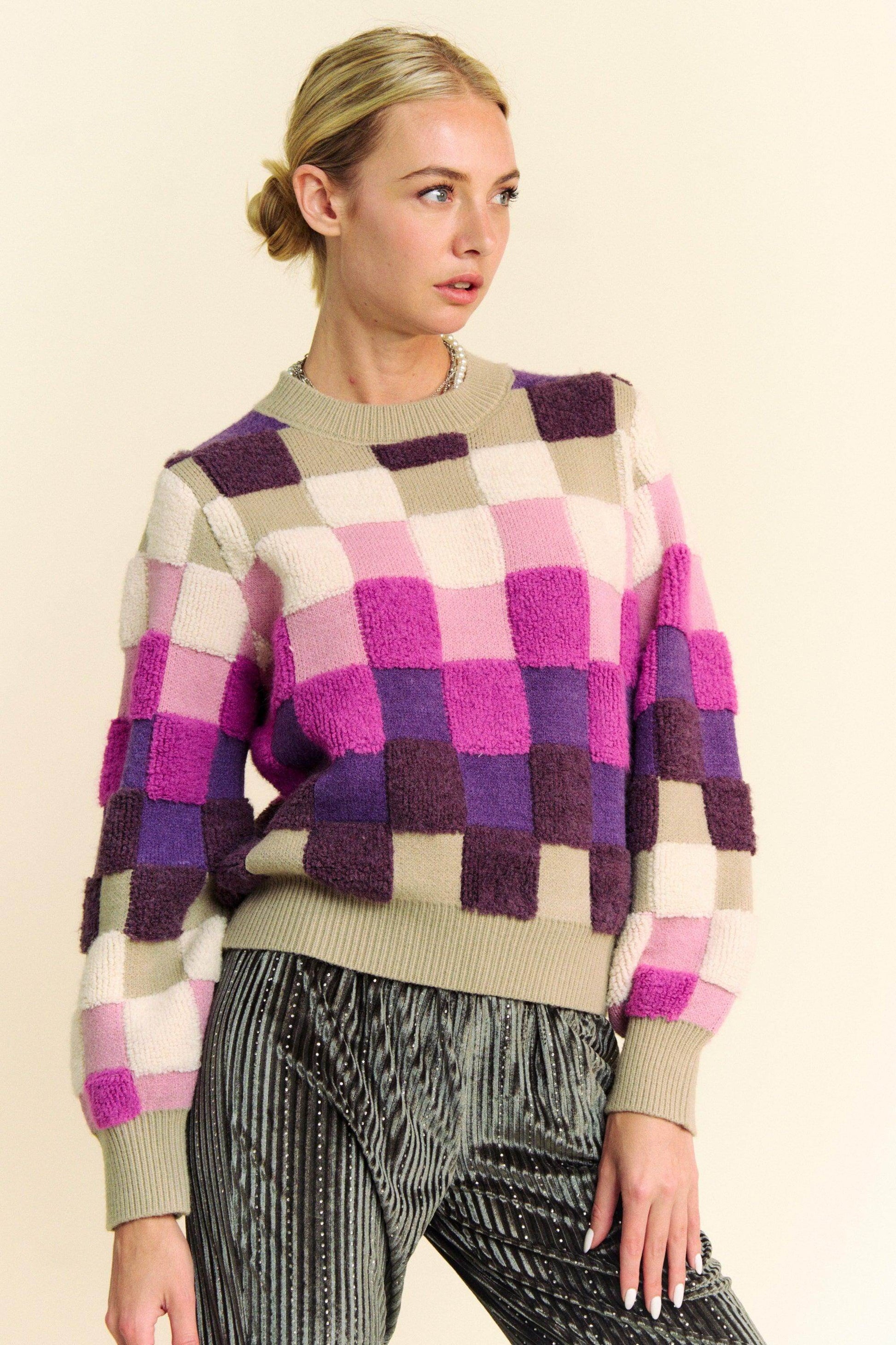 Davi & Dani Checkered Round Neck Long Sleeve Sweater Chic - Selvanelle