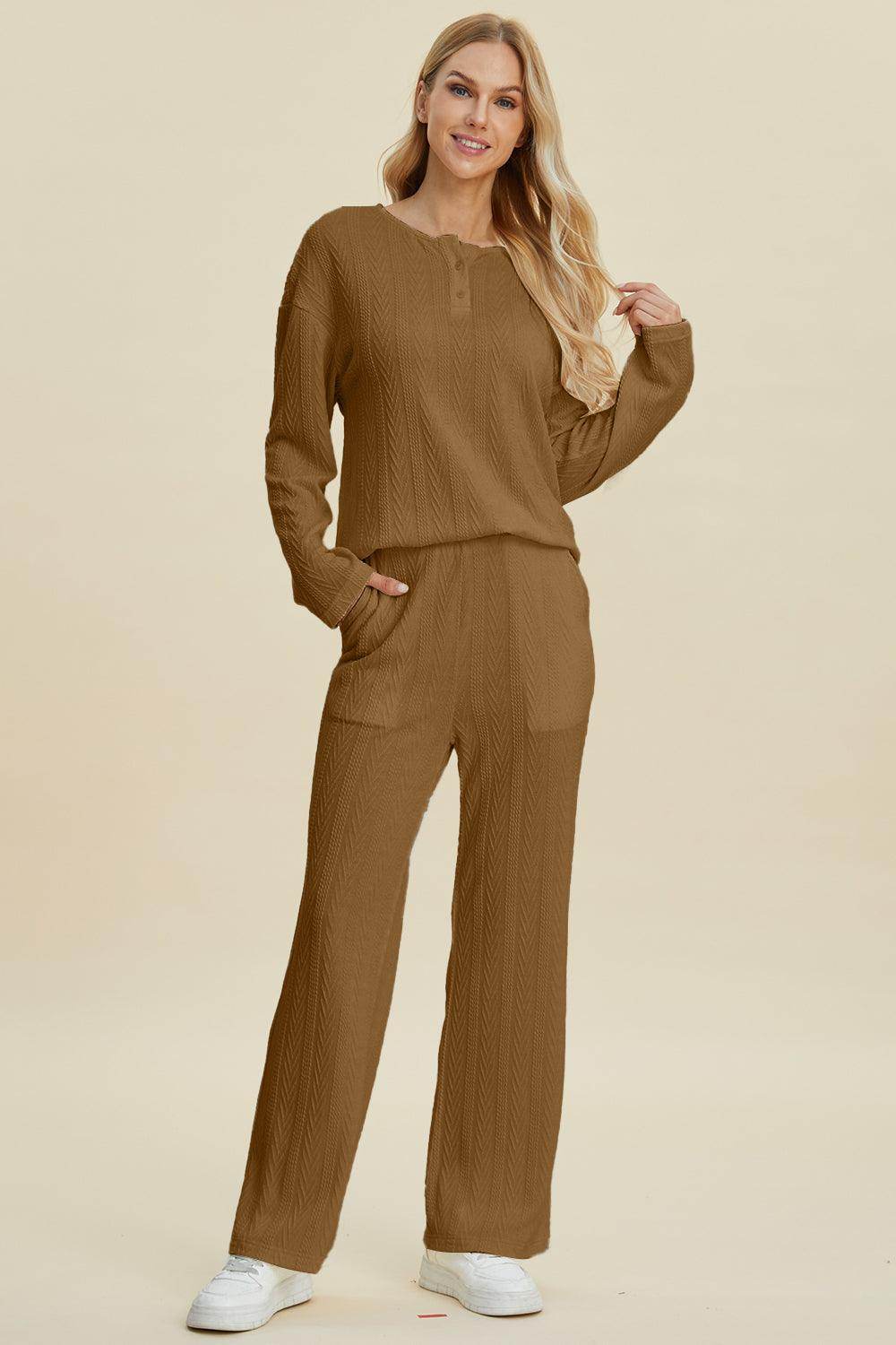 Double Take Full Size Cable-Knit Long Sleeve Top Pants Set - Selvanelle
