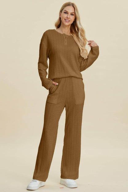 Double Take Full Size Cable-Knit Long Sleeve Top Pants Set - Selvanelle