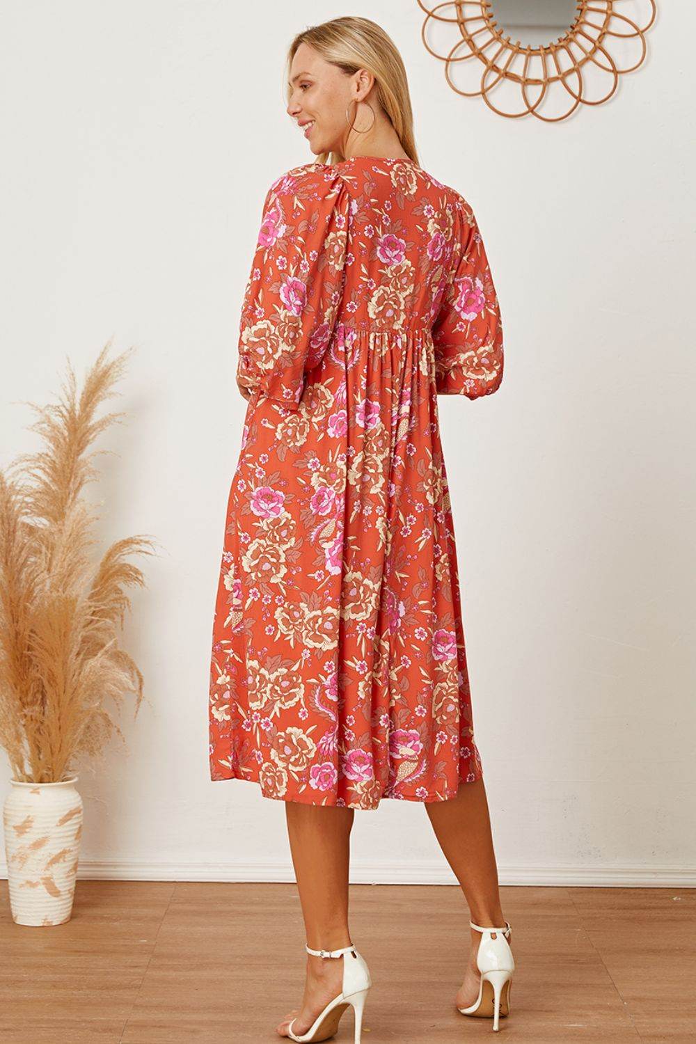 Floral Tie Neck Half Sleeve Dress - Selvanelle