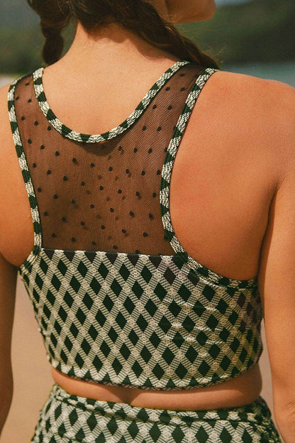 Dotted Mesh Plaid Patchwork High Waisted Swim Set - Selvanelle